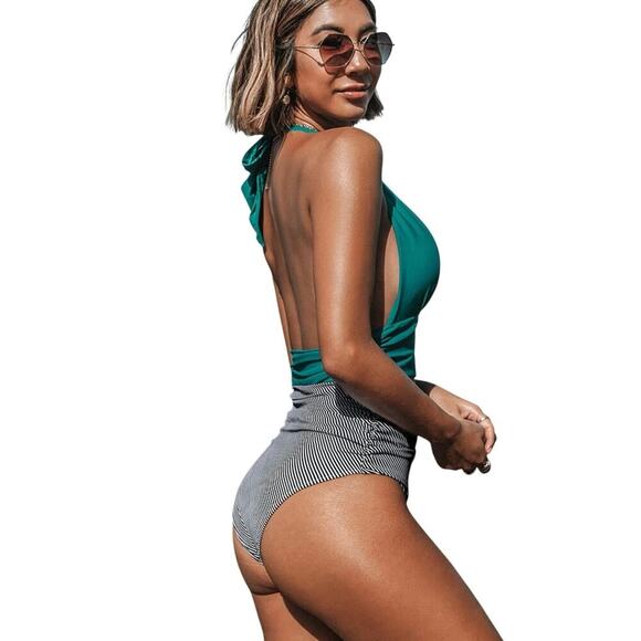 CUPSHE HALTER SWIMMING SUIT ONE PIECE KEEPING YOU ACCOMPANIED STRIPED SZ L BEACH - Picture 2 of 13